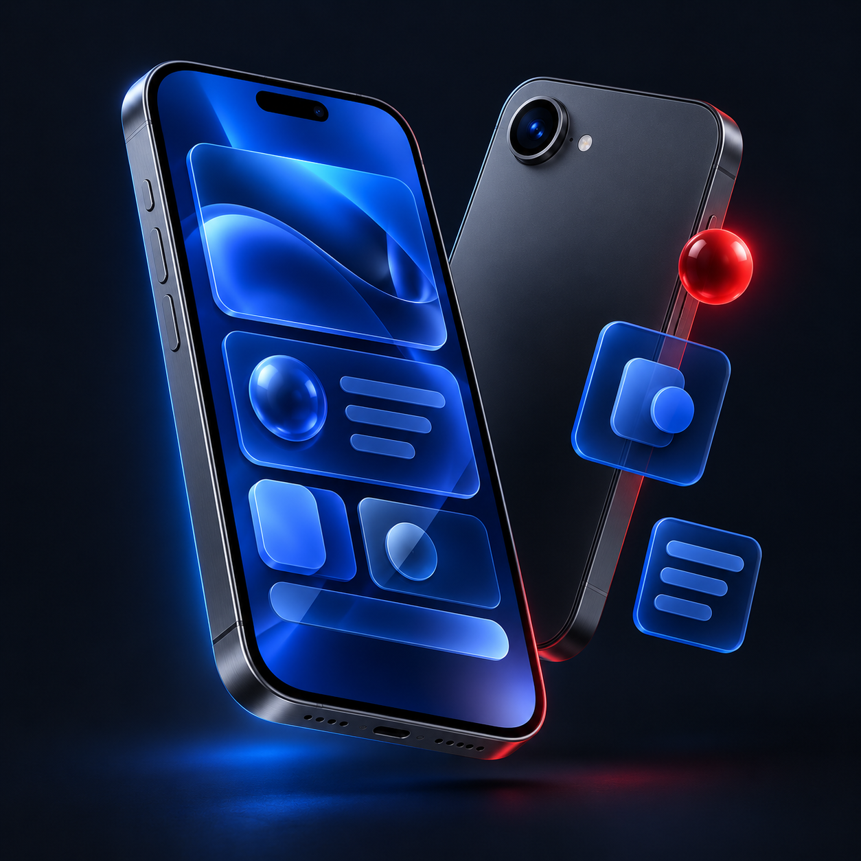Illustration 3D de smartphones et de composants d’interface bleus et rouges