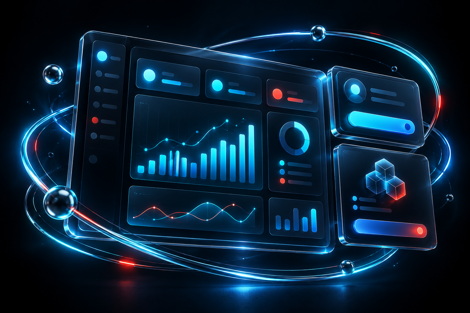 Plateforme SaaS en verre lumineux, illustration 3D